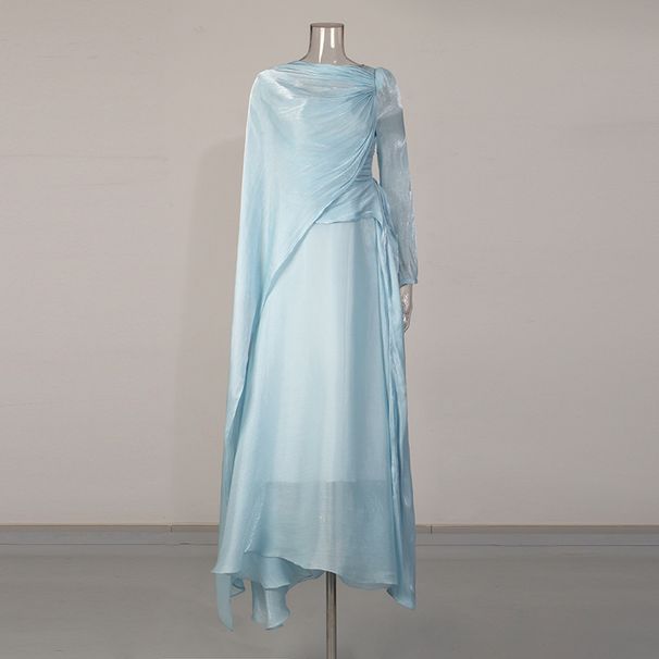 Ethereal Ice Blue Maxi Dress With Flowing Ribbon Accents – High-Waisted French Elegance Long Sleeve Gown_ecoleips.com