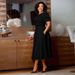 Women's Elegant Fitted Waist Round Neck Puff Sleeve Full Skirt Dress_ecoleips.com