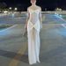 Talenza White See Through Dress Women's Spring Mesh Twisted Pleated Tight Sleeveless Vacation Dress Female Party Evening Dresses_ecoleips.com