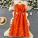 Women's Clothing Waist, Round Neck, Long Sleeves, Three Dimensional Lace, Slimming, Temperament, Big Swing Long Skirt_ecoleips.com