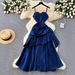 French Goddess Style Women's Dress Strapless Halter Square Neck Pleated Waist Ruffled Hem_ecoleips.com