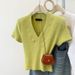 Women's Clothing Summer New Pure Desire Slim Short Design Sense V Neck Straight Shoulder T Shirt Bottoming Shirt Top_ecoleips.com