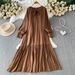 plus Size Women's Tie Neck Lantern Sleeve Dress Loose Fit Hides Tummy Slimming Pleated Long Dress for Summer Commuting_ecoleips.com