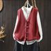 girl Chinese Style V-Neck Cotton Knitted Red Cardigan For Women 2025 Autumn New Sleeveless Layered Vest Top_ecoleips.com