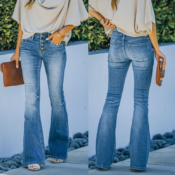 Women's Clothing High Waist Multi Button Elastic Micro Flared Jeans_ecoleips.com