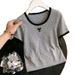 Grey Bow Tie Short Sleeved T-Shirt For Women Summer Slim Fit U Neck Low Neck Knit Short Style Top_ecoleips.com