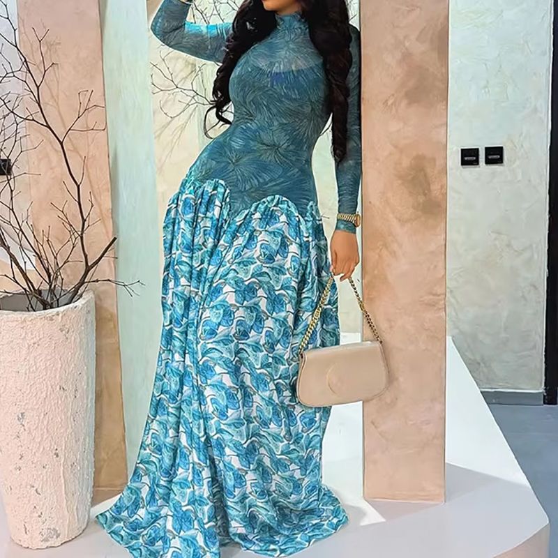 Casual Long Sleeve Women Gowns Dress Fashion Perspective Splicing Slim Long Dresses Elegant High Neck Long Sleeve Evening Dress_ecoleips.com