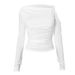 WG097 In-stock Summer New French Hot Girl Style Pleated Slim Fit Asymmetrical Neck Off-Shoulder Long Sleeve T-shirt Top_ecoleips.com