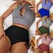 Women's Clothing New Style Two Piece Striped Halter Neck Sexy High Waist Slimming Spa Swimsuit_ecoleips.com