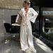 Women's Clothing V Neck Ruffled Long Sleeved Shirt High Waist Wide Leg Pants Two Piece Suit_ecoleips.com