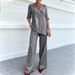 Spring Summer Women's Casual Cotton Linen Top Set Solid Color mid Sleeve V Neck Fashionable_ecoleips.com