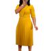 Elegant V-Neck Pleated A-Line Midi Dress For Women - Stylish High Waist Flowy Dress With Belt, Polyester Blend, Office & Casual Wear (S-XXXL)_ecoleips.com