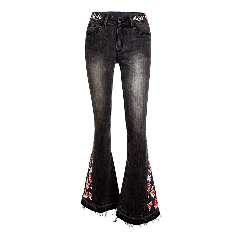 Women's Clothing Elastic Heavy Industry Embroidered Flower Flared Pants Black Jeans Trousers For Women_ecoleips.com