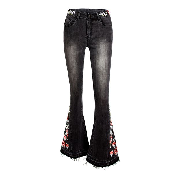 Women's Clothing Elastic Heavy Industry Embroidered Flower Flared Pants Black Jeans Trousers For Women_ecoleips.com