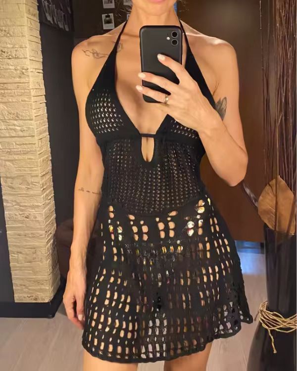 European American Style Women's Beach Cover up Sexy Knitted Short Skirt Backless Dress Hollow out Detail Bikini Vacation Wear_ecoleips.com