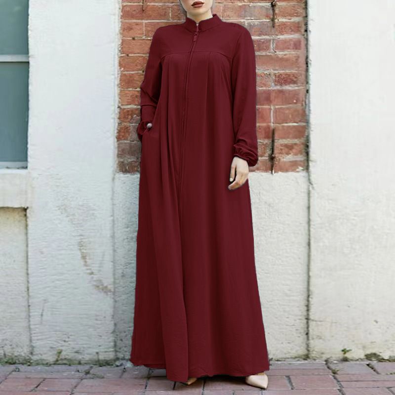 Muslim Women's Clothing Middle East Arabic Style Stand Up Collar Pocket Cardigan Green Dress_ecoleips.com