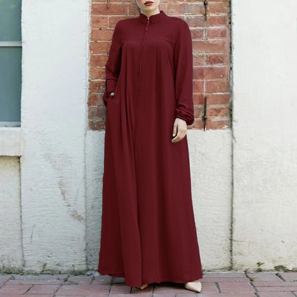 Muslim Women's Clothing Middle East Arabic Style Stand Up Collar Pocket Cardigan Green Dress_ecoleips.com