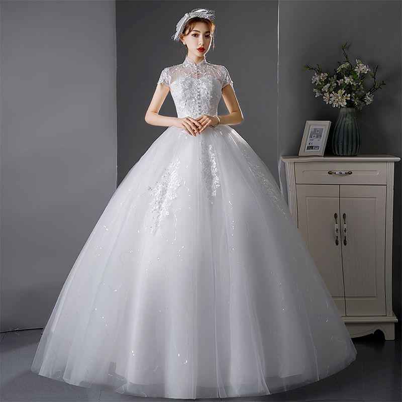 French Style Light Wedding Dress Elegant Princess Floor Length Stand up Collar Women's Summer Wedding Dress Forest Style_ecoleips.com