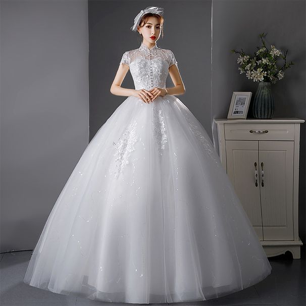 French Style Light Wedding Dress Elegant Princess Floor Length Stand up Collar Women's Summer Wedding Dress Forest Style_ecoleips.com
