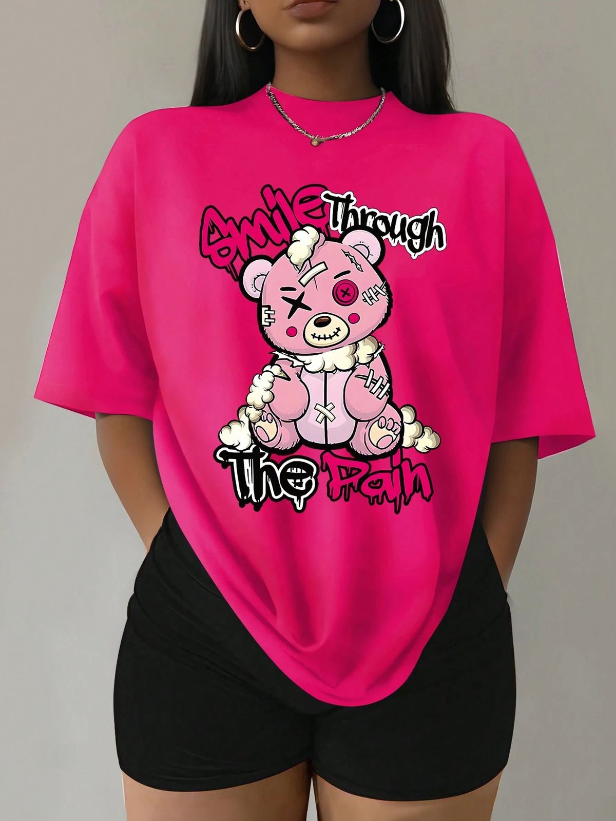 Women's Clothing Puppet Bear Cartoon Printing Women T Shirts Two Piece Set Fa_ecoleips.com