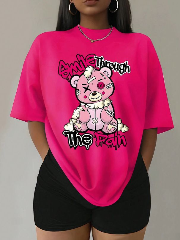 Women's Clothing Puppet Bear Cartoon Printing Women T Shirts Two Piece Set Fa_ecoleips.com