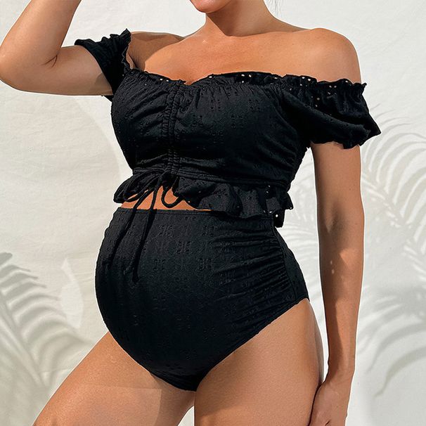 Maternity Bikini Set Solid Color Pregnancy Swimsuit with Short Sleeve Top And High Waist Bottom for Expecting Mothers_ecoleips.com