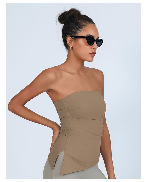 Women's Clothing With Chest Pads Sexy Hot Girl Strapless Solid Color Side Slit Tube Top Yoga Clothes_ecoleips.com