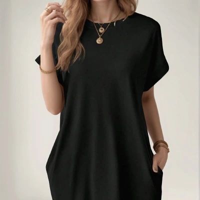 European And American 2025 Casual Solid Color Round Neck Bat Sleeve Invisible Pocket Loose Short Sleeve Dress_ecoleips.com