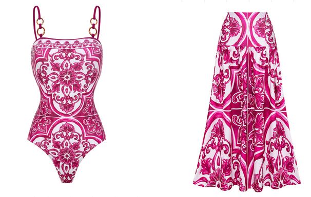 Step Into 2025 INS Style Swimwear Sexy One-Piece Printed Swimsuit Women Two-Piece Set With Tie Skirt_ecoleips.com