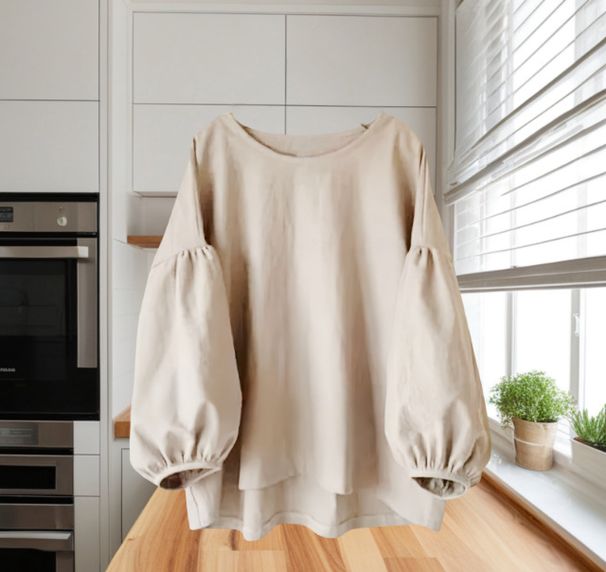 cross-border Loose Casual Solid Color Round Neck Long Puff Sleeve Shirt_ecoleips.com