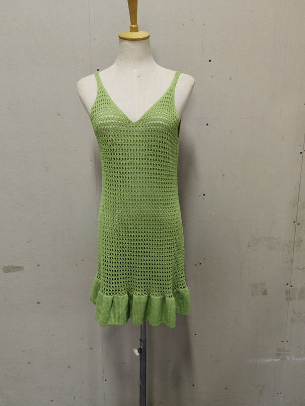 Women's Clothing Summer Pure Cotton Sexy Suspender Ruffle Dress Women Beach Vacation Hollow Knitted Short Dress_ecoleips.com