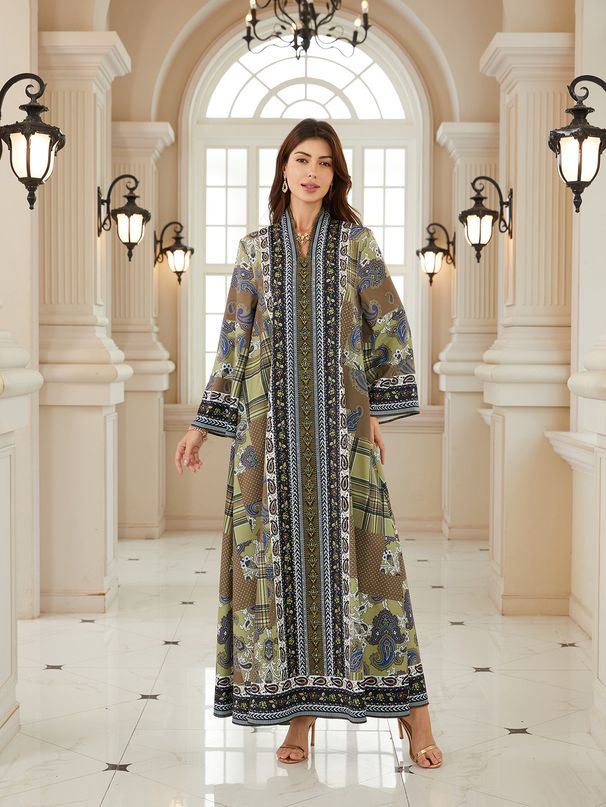 Modest Abaya Dress Muslim Women's Long Sleeved Rhinestone Printed Dress New Style Middle East Fashion_ecoleips.com