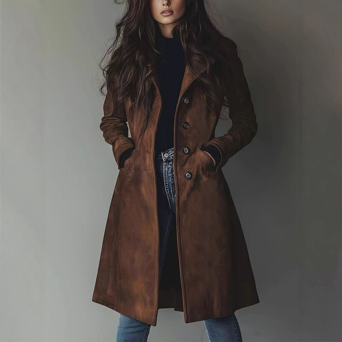 Aria Basics Aria Basics 2024 European American Cross-border Comfortable Casual Eye-catching Suede Coat With Tie-waist And Extended Length_ecoleips.com