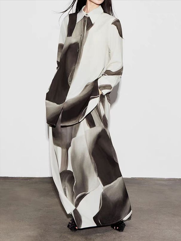 Muslim Women's Clothing Ink Print Shirt And Skirt Set (Shirt + Skirt)_ecoleips.com