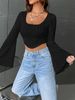 Aria Basics Aria Basics European And American Cross-Border New Women's Solid Color U-Neck Crop Slim Fit Fashion Flared Long Sleeve Top Sexy_ecoleips.com