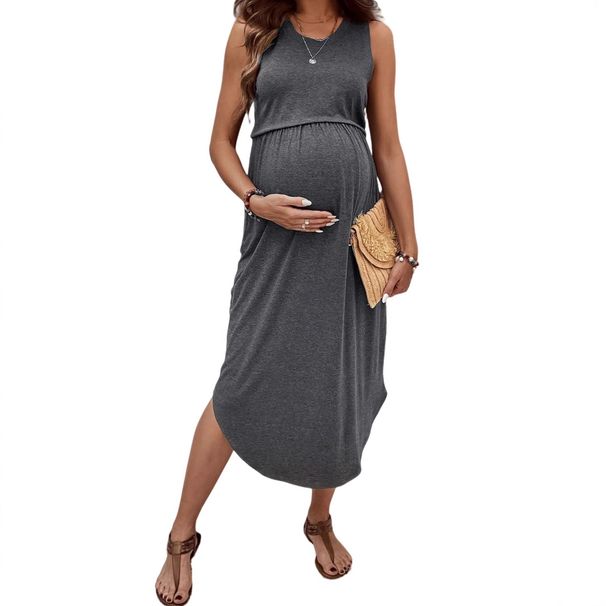Women's Clothing Waist Solid Color Sleeveless Casual Fashion Temperament Slim Round Neck Maternity Dress_ecoleips.com