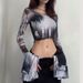 Factory Direct Sale European And American Cross-border Autumn Slim-fit Mesh Printed Bell-sleeve Patchwork Cropped_ecoleips.com