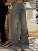 Vintage Distressed Denim Jeans - Rhinestone Embellished Wide-Leg Pants With Raw Hem For Women_ecoleips.com