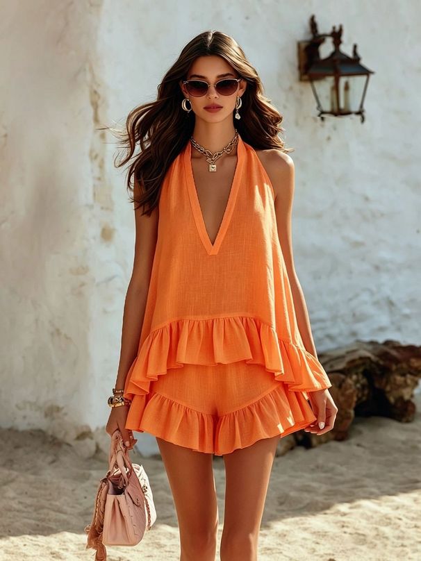 Women's Summer Vacation Style V-Neck Sleeveless Ruffled Top And Shorts Set Casual Elegant Partywear_ecoleips.com