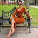 Women's Sexy V Neck Tassel Hem Bodycon Skirt Solid Color Single Breasted Long Knitted Dress_ecoleips.com