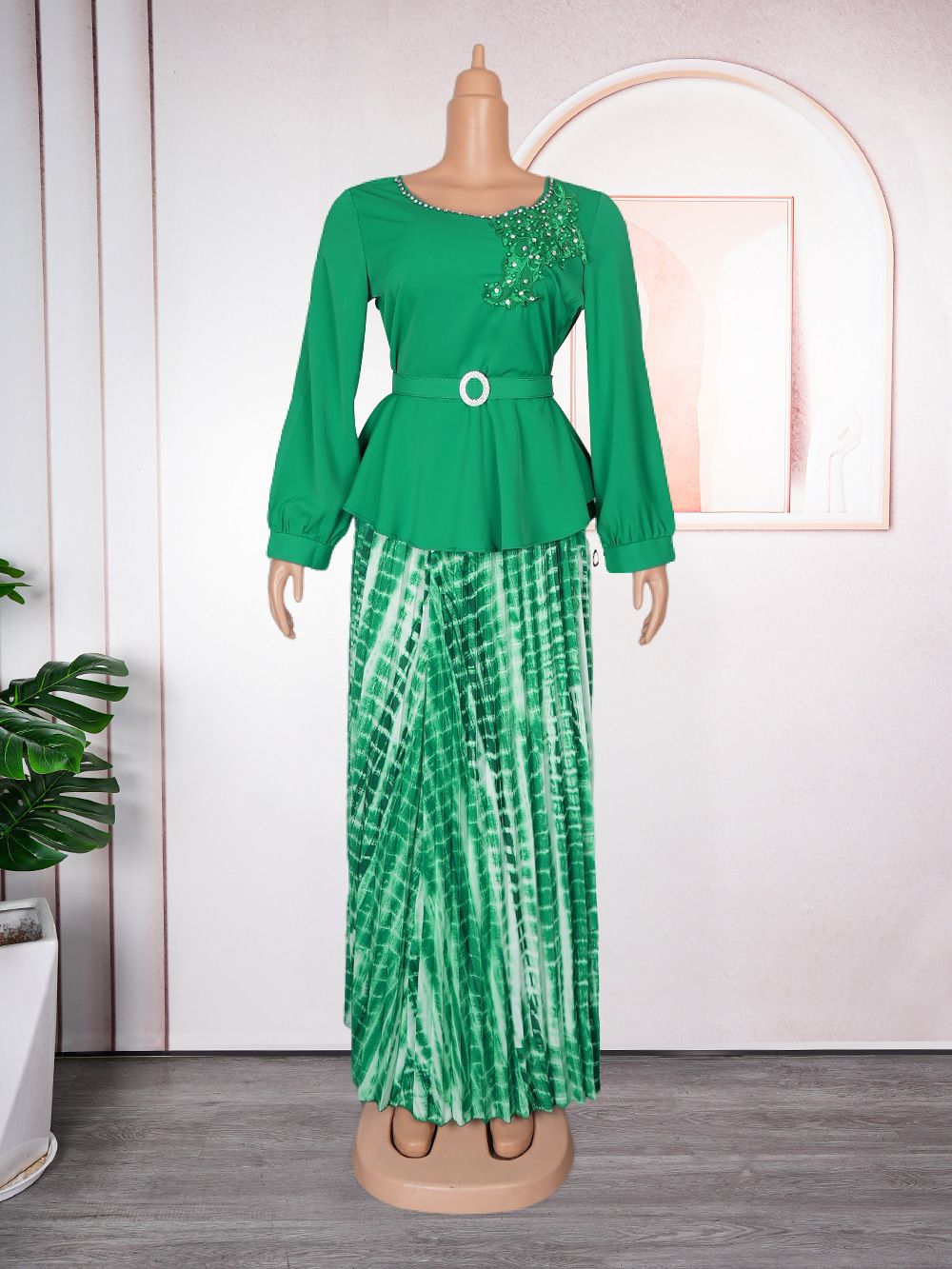 Plus Size Print Dress With Embroidery & Beading – Elegant Office Two-Piece Set, Flowy A-Line Skirt (L-3XL, Yellow/Green)_ecoleips.com