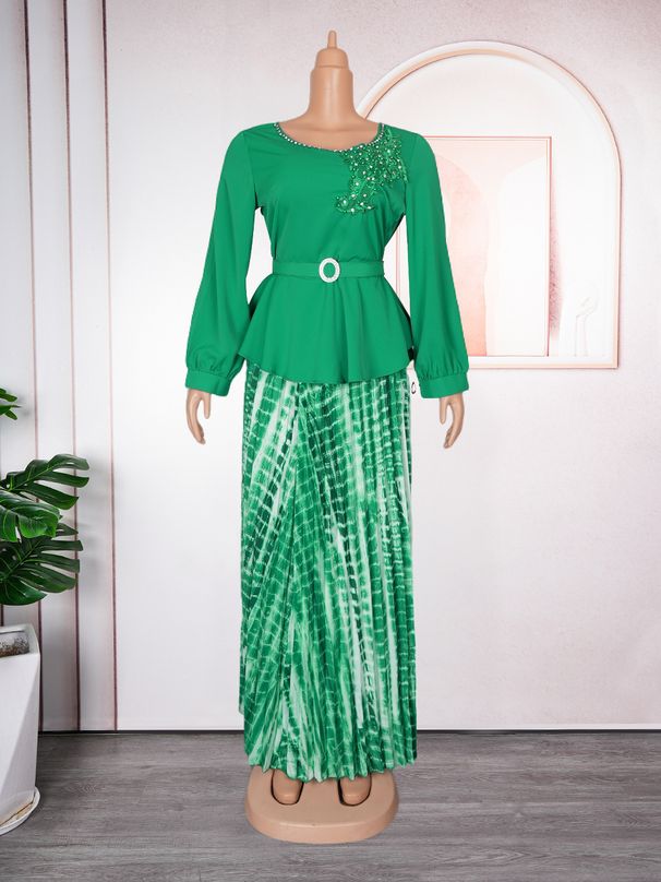 Plus Size Print Dress With Embroidery & Beading – Elegant Office Two-Piece Set, Flowy A-Line Skirt (L-3XL, Yellow/Green)_ecoleips.com