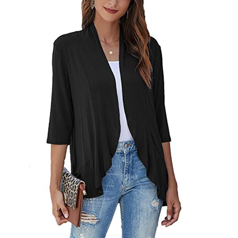 Women's Clothing Solid Color Cardigan Coat 3/4 Sleeve Ruffle Top Coat Cardigans_ecoleips.com
