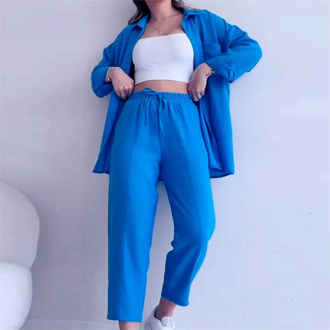 Women's Clothing Women's Summer Wrinkled Cloth Long Sleeved Casual Style Shirt High Waist Wide Leg Pants Set_ecoleips.com