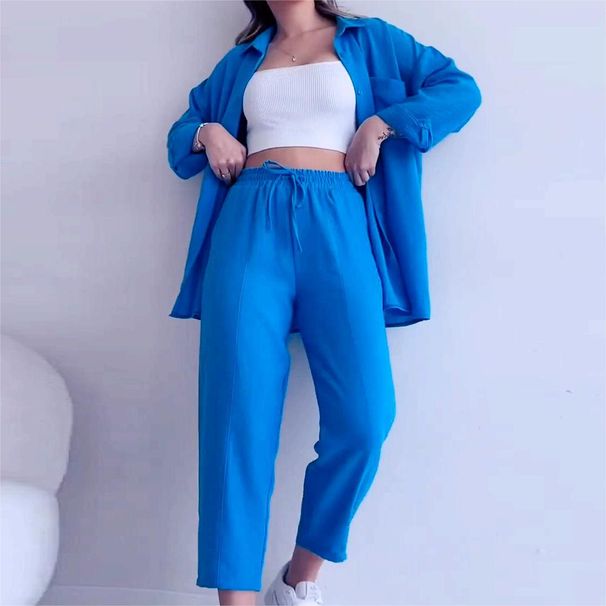 Women's Clothing Women's Summer Wrinkled Cloth Long Sleeved Casual Style Shirt High Waist Wide Leg Pants Set_ecoleips.com