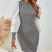 Women's Houndstooth & Solid Color Panel Dress – Round Neck Lantern Sleeve Office Wear (Polyester, Slim Fit, Mid-Length)_ecoleips.com