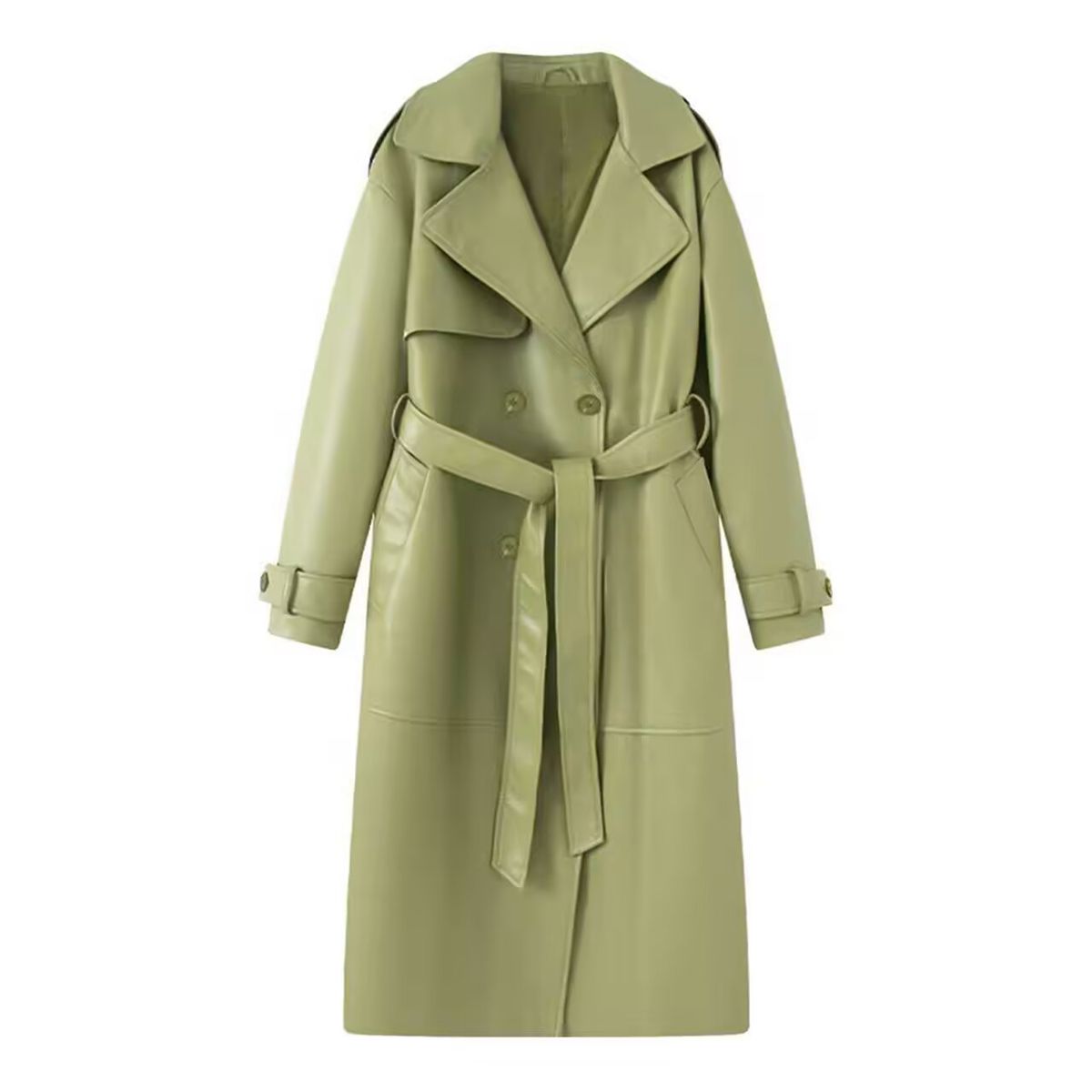Trendy Slim-Fit Long Leather Trench Coat For Women – Double-Breasted, Waist-Cinching, Edgy Chic Jacket (Black/Brown/Green/Burgundy)_ecoleips.com