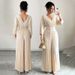 Women's Clothing Elegant V Neck Long Sleeve Jumpsuit Waist Cinching Pleated Commuter Style Fashionable Solid Color Jumpsuit_ecoleips.com