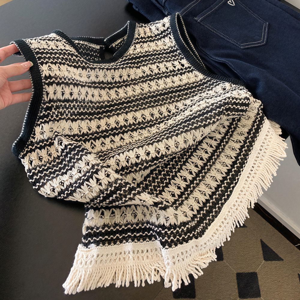 Women's Clothing Tassel Hem Hollow Sleeveless Striped Beautiful Design Niche Vest T Shirt_ecoleips.com