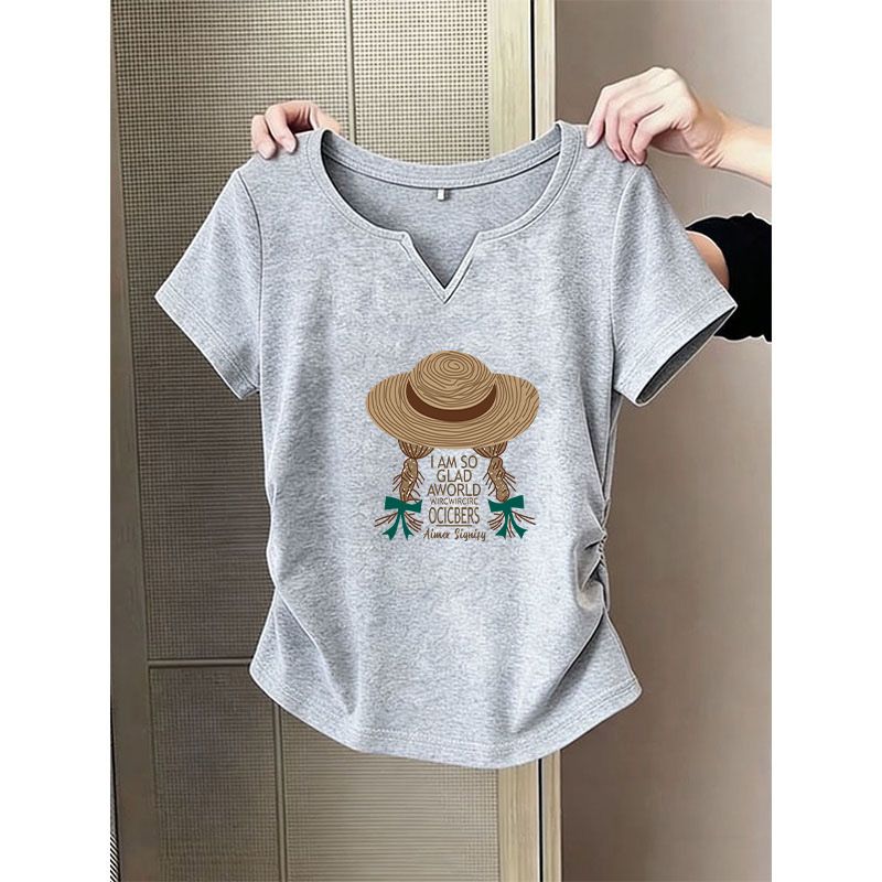 Women's Cotton V-Neck Short Sleeve T-Shirt – Khaki Casual T-Shirt With Waist Pleats & Tailored Fit_ecoleips.com